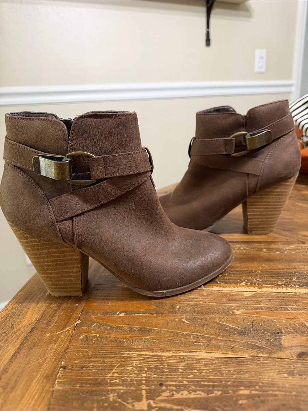 Women’s Brown Suede Ankle Booties with Stacked Heel from Francesca’s.